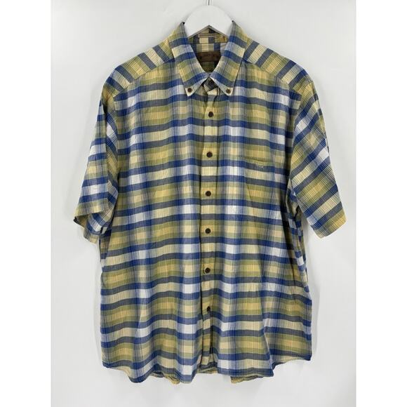 Field & Stream Button Down Shirt Mens XL Yellow Blue Short Sleeves Plaid Cotton - Picture 1 of 16